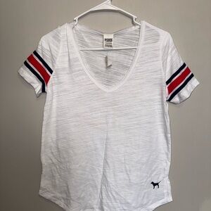 Pink Victorias Secret White V-Neck T-Shirt with Striped Sleeves